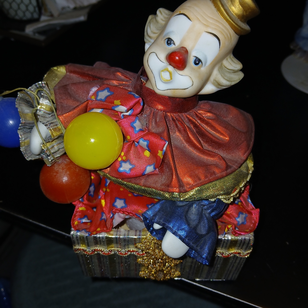 Vintage Ceramic Clown Jack-in-the-Box Doll in Red, Blue & Yellow